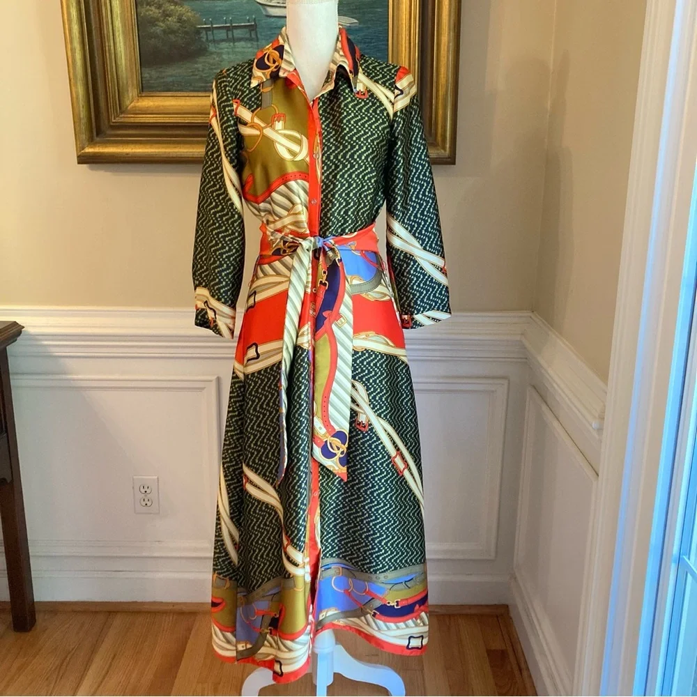 ZARA Scarf Print Midi Maxi Satin Long Sleeve Button Down Shirt Dress - Picture 2 of 14
